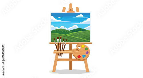 Artist's easel displays vibrant landscape painting with brushes and colorful palette ready for creative expression