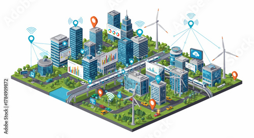 Vector isometric smart city concept with renewable energy, public transport, and data visualization for sustainable urban planning and technology