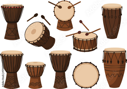 Collection of Various Traditional Drums and Drumsticks.