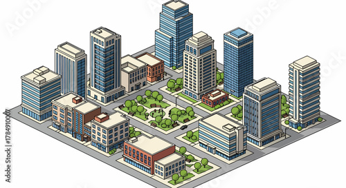 Vector isometric city illustration, modern cityscape with office buildings, parks and urban planning visualization for architecture and business presentations