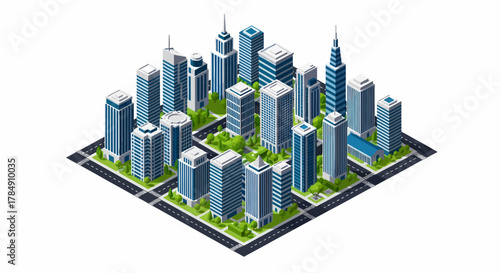 Isometric Vector Cityscape: Modern Business District with Office Buildings, Commercial Real Estate, and Green Spaces
