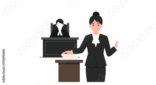Professional lawyer presenting evidence before a judge in a courtroom setting, conveying legal proceedings and justice