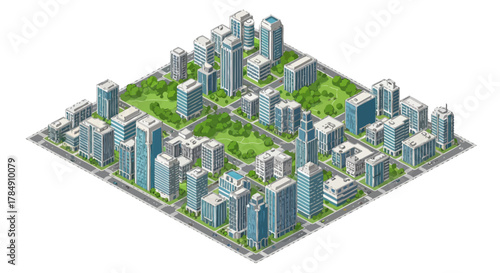Isometric vector city plan, urban development and smart city concept for business presentation & real estate marketing.