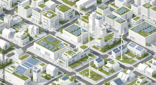 Vector Isometric Sustainable Cityscape with Solar Panels and Wind Turbines for Green Energy Concept and Urban Planning Illustration
