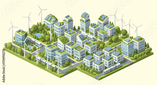 Sustainable Isometric City Vector with Renewable Energy: Wind Turbines & Solar Panels