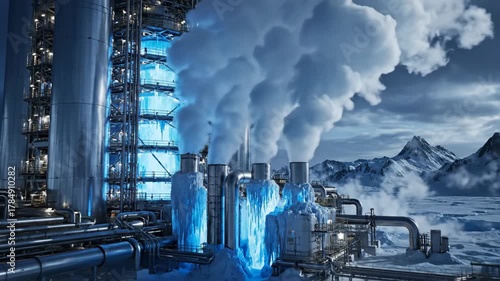 Arctic industrial plant releases vapor icicles adorn towers against snowy mountains  sky Pipes  structures create a complex foreground