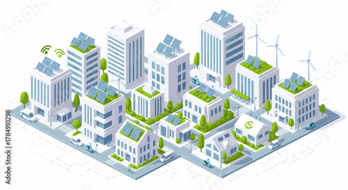 Vector Isometric Sustainable Cityscape: Eco-Friendly Buildings with Solar Panels and Wind Turbines Illustrating Green Energy and Future Urban Planning