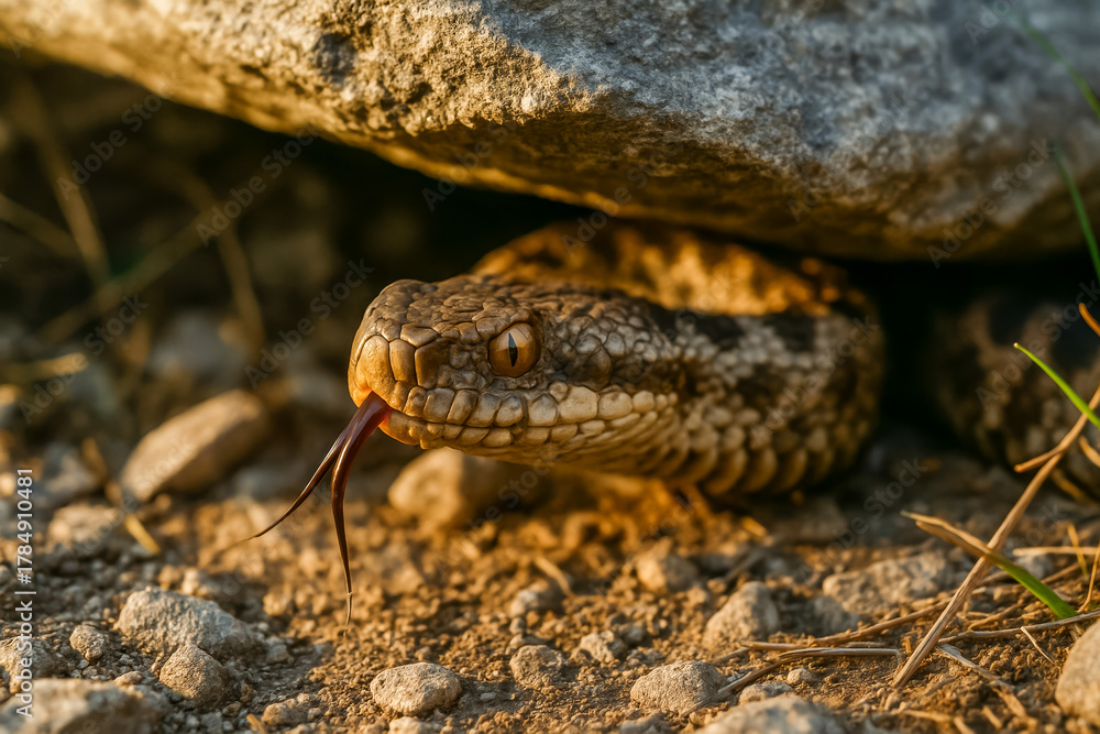 Fototapeta premium Close-up of snake peeking out from under a rock