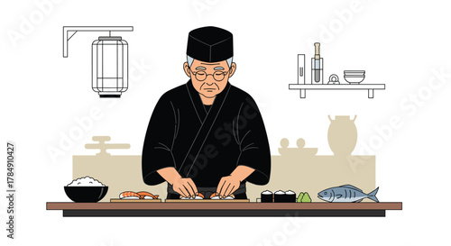 Experienced sushi chef meticulously prepares fresh seafood dishes in a traditional Japanese kitchen environment