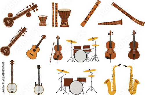 Diverse Collection of Musical Instruments: String Percussion and Wind Instruments.