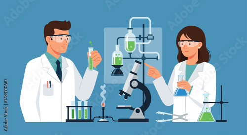 Two scientists collaborating on a critical experiment with beakers and a microscope in a modern laboratory setting