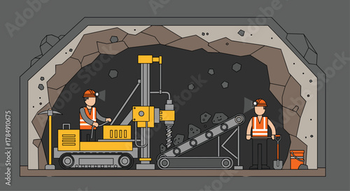 Miners operate drilling equipment and conveyor belt in underground tunnel, excavating rock and resources with determination