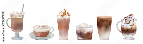 Coffee cup. Ice latte drink, hot cute espresso in transparent glass. Cappuccino for cafe menu, americano beverage with milk foam, milkshake with cream vector watercolor isolated illustration