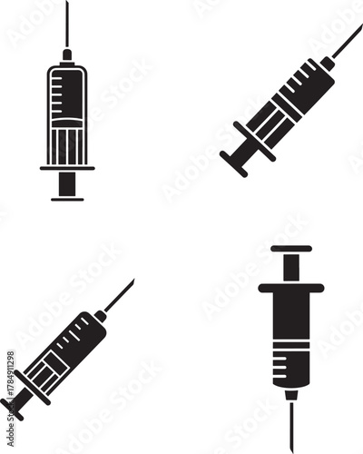 Four stylized black syringe icons on a white background representing medical injections