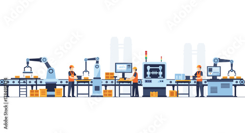 Modern factory assembly line bustling with robotic arms and workers efficiently manufacturing products for a dynamic industrial process