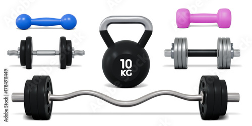 Realistic gym barbell. 3d fitness heavy steel weightlifting elements, health and sport design concept. Metal kettlebell handle, workout equipment, bodybuilding training. Vector objects set