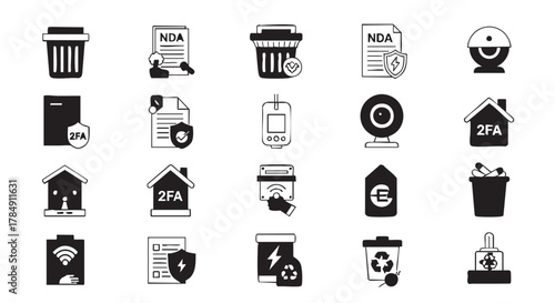 A comprehensive set of flat black and white vector icons representing crucial concepts like digital security, data protection, technology, and management systems.