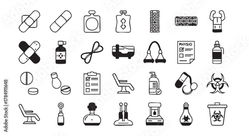 A comprehensive collection of diverse medical and laboratory line icons, illustrating essential healthcare tools, scientific research equipment, and first aid supplies.