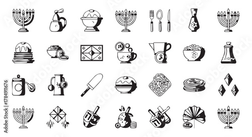 An extensive array of traditional Hanukkah symbols and Jewish holiday elements are presented in a clean black and white icon set, perfect for various design projects.