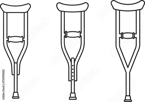 Illustration of three adjustable medical crutches for mobility assistance and rehabilitation support