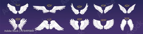 Angel wing. Cute halo ring, love or heaven bird gold nimbus, holy Jesus effulgence. Color feather design, freedom and spiritual symbol. Vector flat cartoon icons isolated cartoon flat set