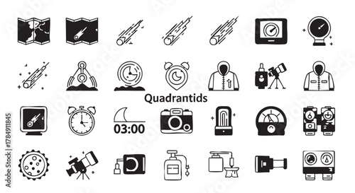 A comprehensive collection of black and white line art icons depicting astronomical phenomena, meteor showers, timekeeping, and scientific observation tools.