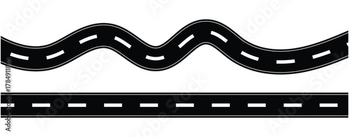  Winding road, Highway symbols. Road signs. Top view on road map. Curve highway roadway. Vector infographic