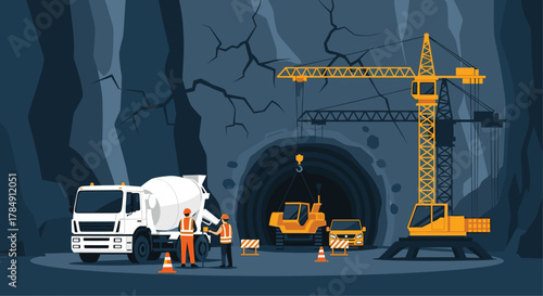Skilled construction crew and heavy machinery advance tunnel excavation with powerful crane and cement truck