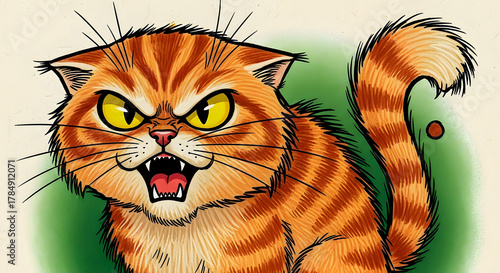 Furious Striped Cat Portrait with Sharp Teeth and Fiery Eyes