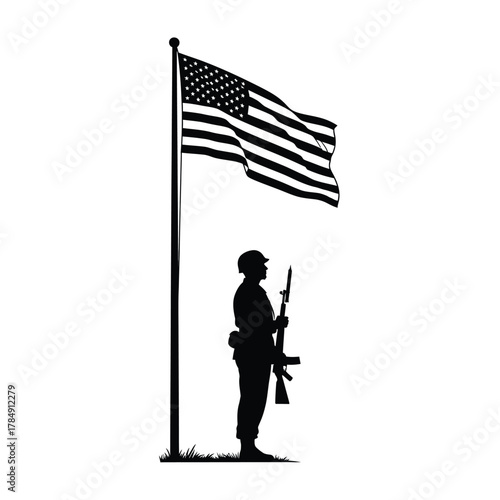 Solemn soldier stands guard beneath the waving american flag silhouette
