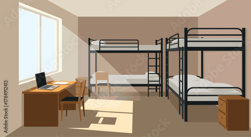Sunlit dormitory room with bunk beds, desk, and laptop, conveying a sense of student life and shared living spaces