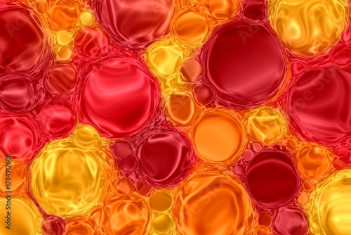 Vibrant 3D Rendering of Red Orange Yellow Shiny Liquid Bubbles Background Texture