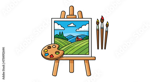 Creative vision with charming art scene featuring an easel, painting, brushes, and palette, perfect for artistic inspiration