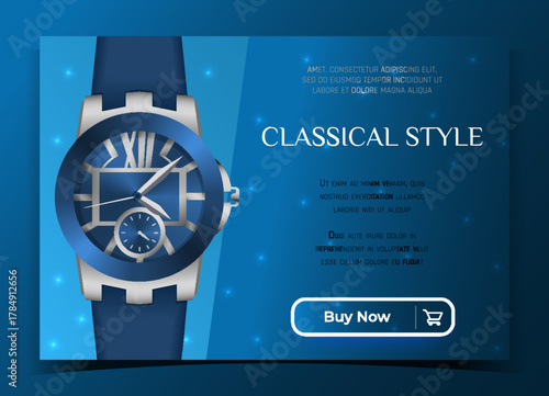 Wristwatch ad banner. Silver wrist clock. Luxury watch advertising. Diamond gems. Shop web promotion. Premium jewelry. Timepiece classic dial. Time accessory. Vector marketing background