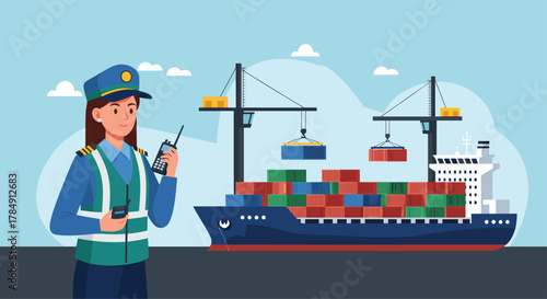 Professional maritime officer coordinating cargo operations with communication devices at a bustling port with a container ship and cranes