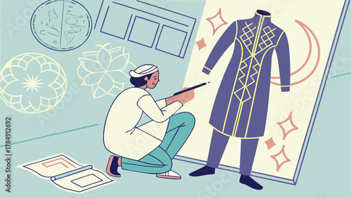 Arabian Designer Creating Fashion Sketch Vector 