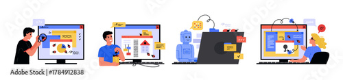 Software bugs. QA people tester. Web search report in digital programmer system. Digital process analyze. Artificial intelligence robot at computer. Malware analysis. Vector concepts set