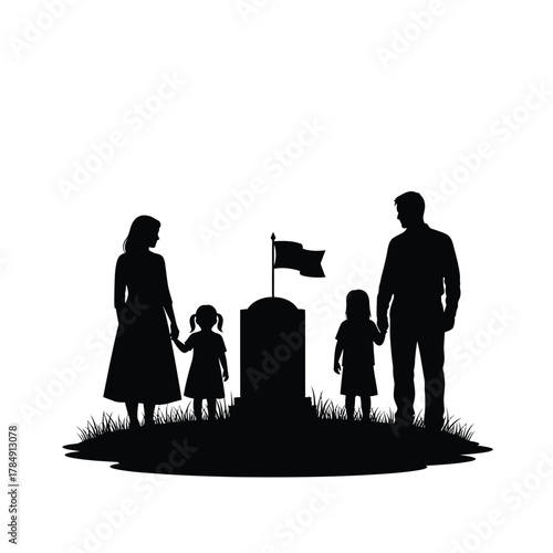 Family silhouette mourning at a grave with a flag on a white background