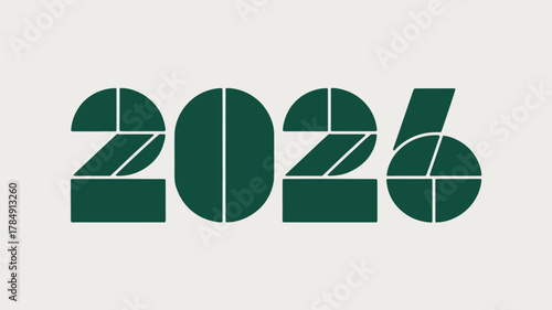 Modern geometric design featuring the year 2026 in a stylized dark green font with white outlines on a light gray background
