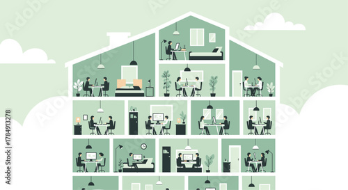 Diverse professionals collaborating and working remotely in modern home office spaces, boosting productivity and connectivity