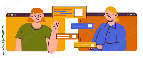 Online call. People web communication. Computer browser window. Video conference. Girls internet conversation. Send or receive messages. Business talk. Internet technology. Vector concept