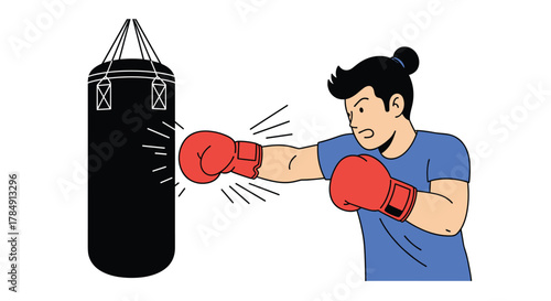 Dynamic boxer training hard, landing a powerful punch on a heavy bag, showcasing intense focus and athletic power