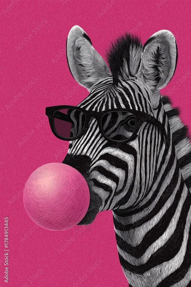Obraz premium Stylish Zebra Blowing Bubble Gum on a Vibrant Pink Background in a Playful Artistic Setting