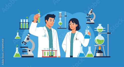Scientists in lab coats conduct experiments with flasks and microscopes, advancing research and discovery