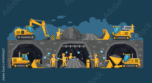 Dynamic mining operation with excavators, workers and precious gems, showcasing industry progress and resource extraction in a stylized tunnel