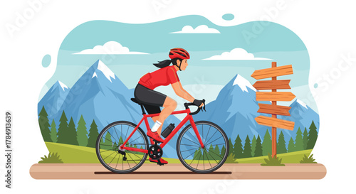 Determined woman cycles through scenic mountains towards adventure and new paths