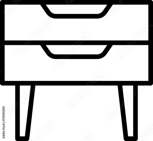 Simple black and white illustration of a two-drawer nightstand with legs.