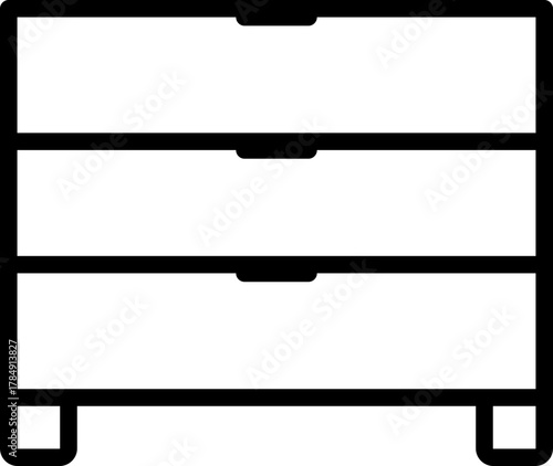 Minimalist line drawing of a chest of drawers with three drawers and small feet.