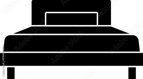 A black silhouette of a bed with a headboard and pillow, depicted in a simple, minimalist style.