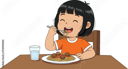 Cartoon child eating spaghetti, happy kid meal time, pasta and meatballs illustration, cute food moment, dining table scene, nutrition concept